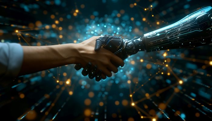 Unity in Innovation: A Handshake Between Human and Robot Against the Data Cosmos. Step into a vision of unity and technological advancement with this ultra