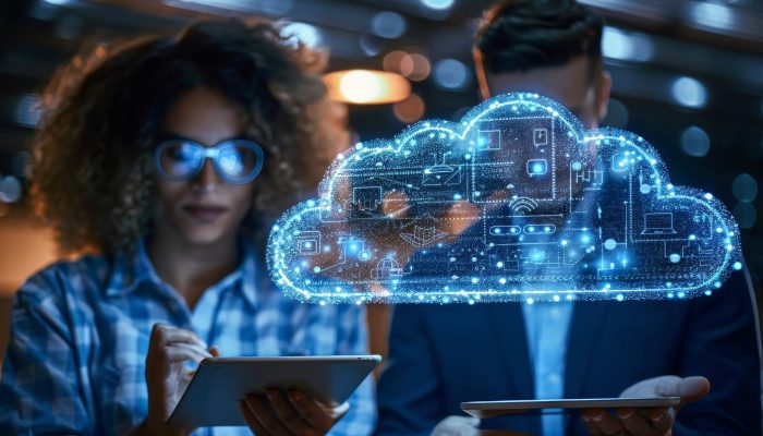 In a modern office setting, a consultant explains cloud solutions to a client during cloud technology services