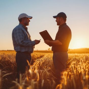 Crop insurance agent discussing coverage options with a farmer in a field.