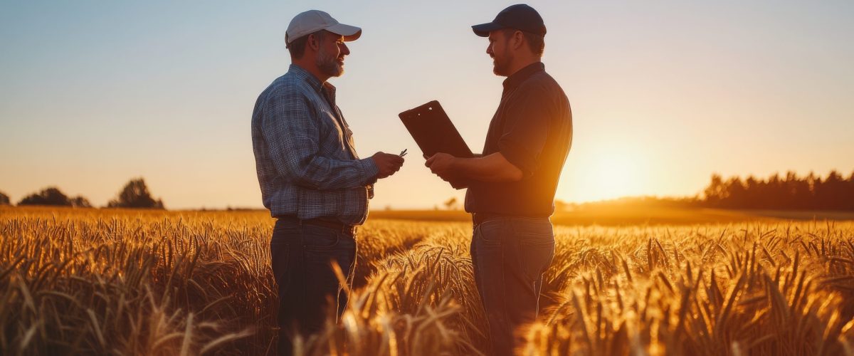 Crop insurance agent discussing coverage options with a farmer in a field.