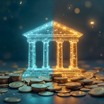 Split glowing bank symbol representing traditional and DeFi financial systems